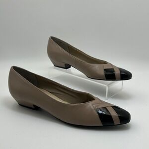 Vintage Selby Comfort Flex Pumps 7.5 4A 6A Narrow Taupe Black Patent Cap Toe USA